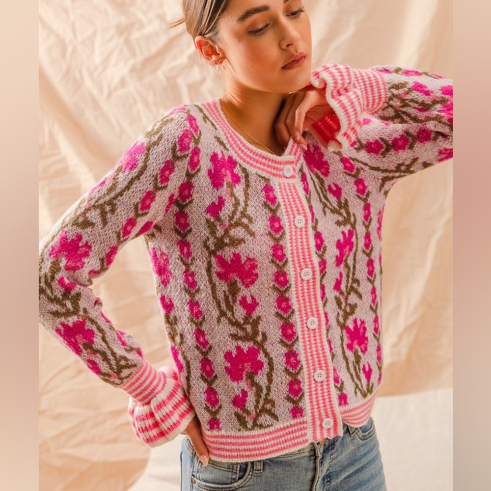 Pink Floral Intarsia Button Up Sweater Cardigan - Picture 11 of 16